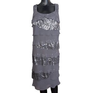 S.L. Fashions 16W Gray Tiered Sequin Chiffon Dress Plus Size Cocktail Formal